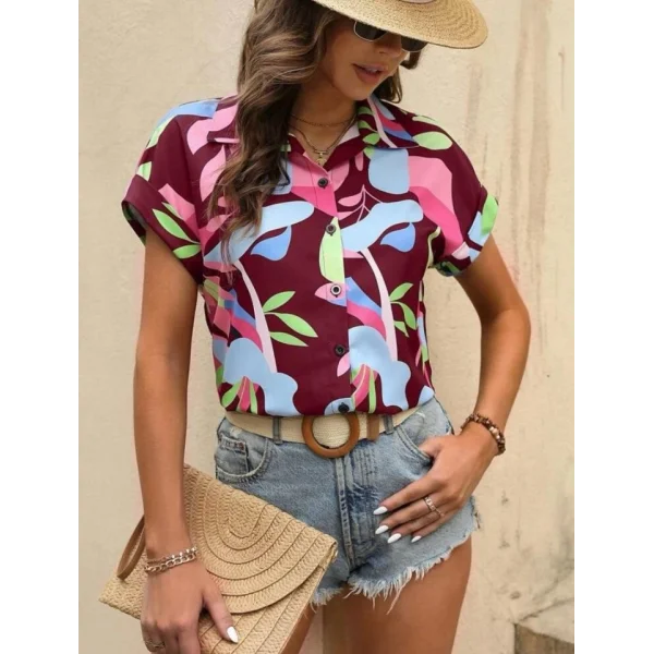 Kadın Moss Krep Kumaş Kısa Kol Çiçek Desenli Gömlek