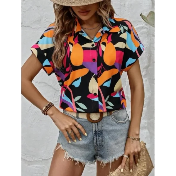 Kadın Moss Krep Kumaş Kısa Kol Çiçek Desenli Gömlek