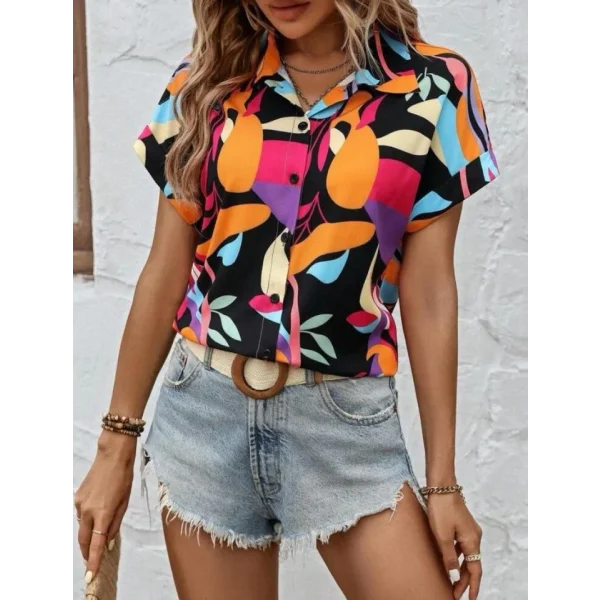 Kadın Moss Krep Kumaş Kısa Kol Çiçek Desenli Gömlek