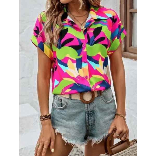 Kadın Moss Krep Kumaş Kısa Kol Çiçek Desenli Gömlek