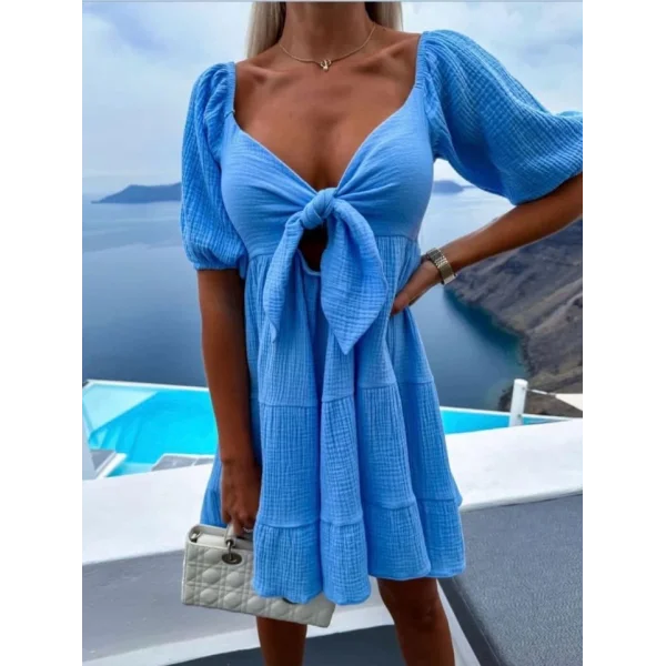 Kadın Müslin Kumaş Fiyon Detay Mini Elbise