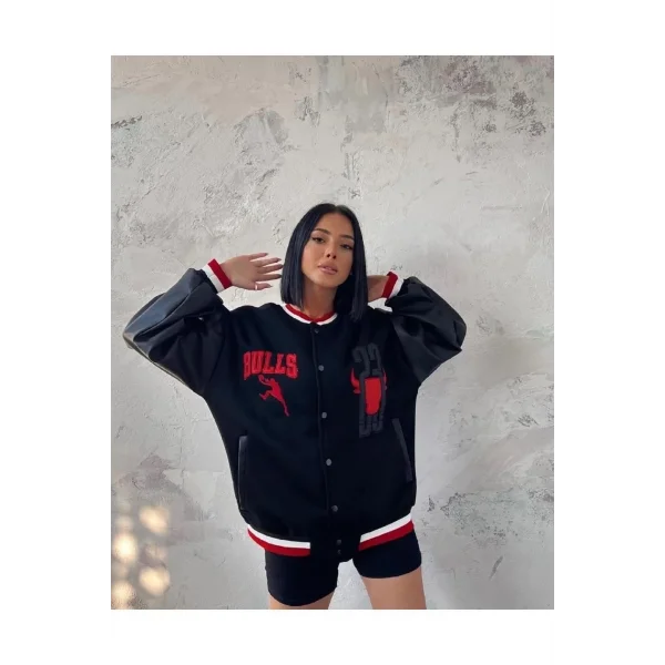 Kadın Nakışlı Kolları Deri Oversize Kolej Ceket - Siyah