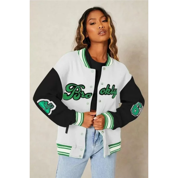 Kadın Nakışlı Oversize Kolej Ceket - Beyaz