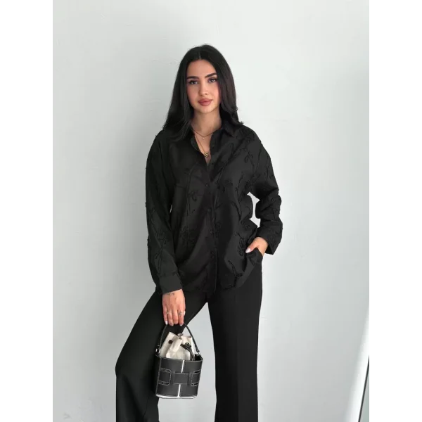 Kadın Nakışlı Uzun Kollu Gömlek - Siyah