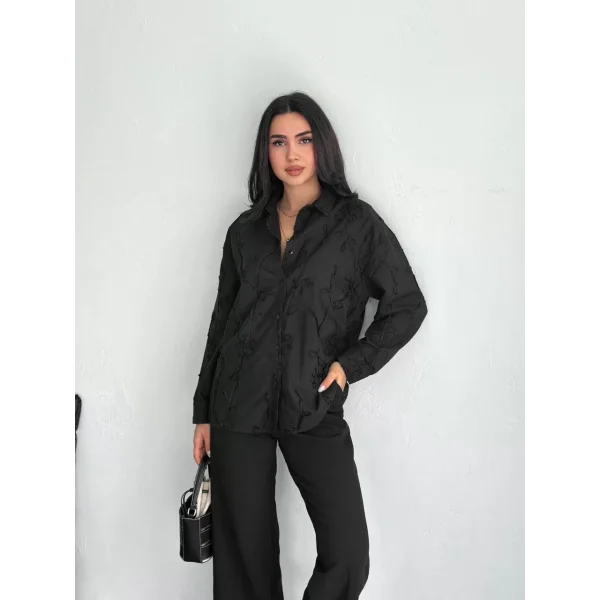 Kadın Nakışlı Uzun Kollu Gömlek - Siyah