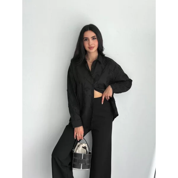 Kadın Nakışlı Uzun Kollu Gömlek - Siyah