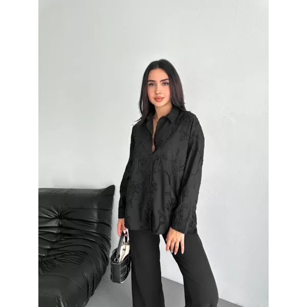 Kadın Nakışlı Uzun Kollu Gömlek - Siyah