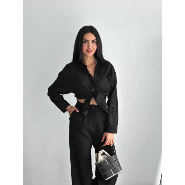 Kadın Nakışlı Uzun Kollu Gömlek - Siyah