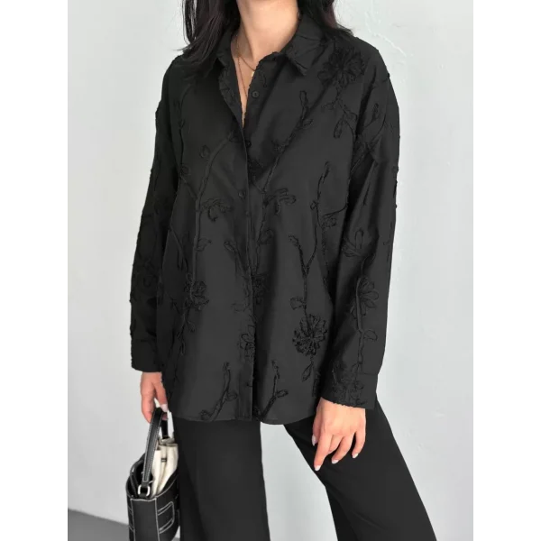 Kadın Nakışlı Uzun Kollu Gömlek - Siyah
