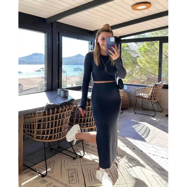 Kadın oft Kaşkorse Kumaş Bluz Ve Yırtmaç Detaylı Etek Ikili Takım