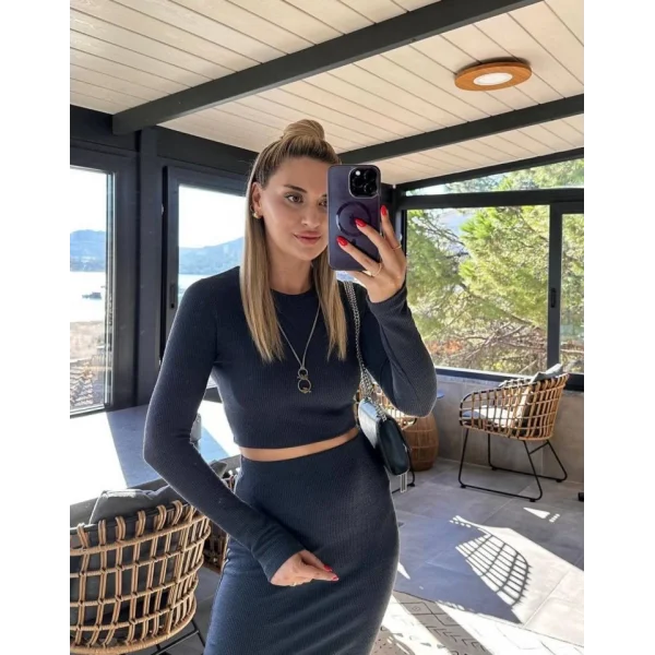 Kadın oft Kaşkorse Kumaş Bluz Ve Yırtmaç Detaylı Etek Ikili Takım