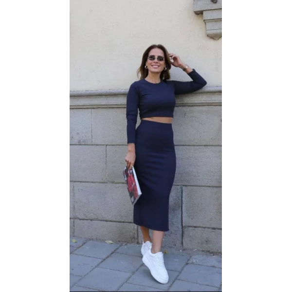 Kadın oft Kaşkorse Kumaş Bluz Ve Yırtmaç Detaylı Etek Ikili Takım