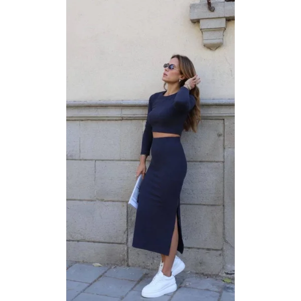 Kadın oft Kaşkorse Kumaş Bluz Ve Yırtmaç Detaylı Etek Ikili Takım