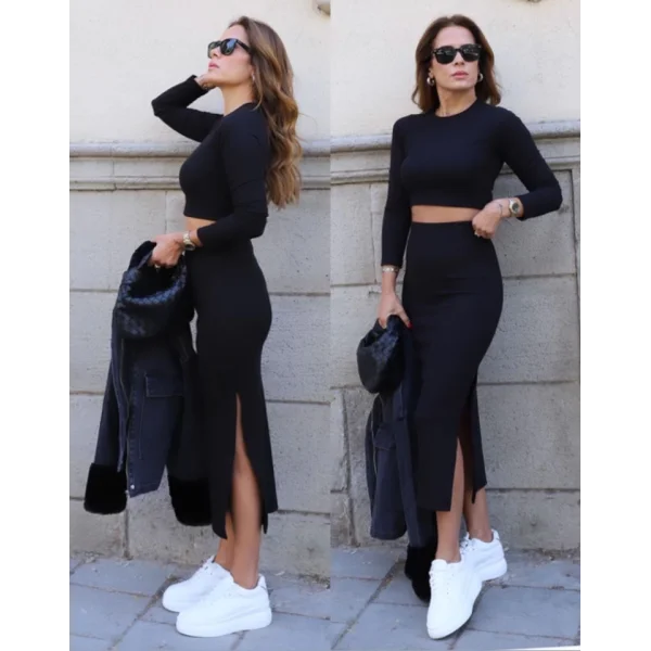 Kadın oft Kaşkorse Kumaş Bluz Ve Yırtmaç Detaylı Etek Ikili Takım