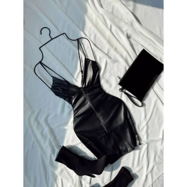 Kadın Omuz Askılı Ayarlanabilir Fermuar Detay Mini Deri Elbise