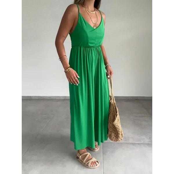 Kadın Omuz Askılı Degaje Yaka Sırt Dekolteli Tulum