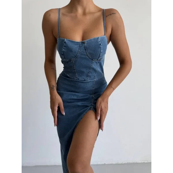 Kadın Omuz Askılı Derin Bacak Dekoltesi Ve Büzgü Detay Kot Elbise