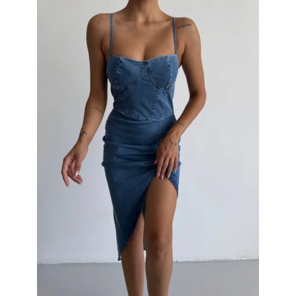 Kadın Omuz Askılı Derin Bacak Dekoltesi Ve Büzgü Detay Kot Elbise