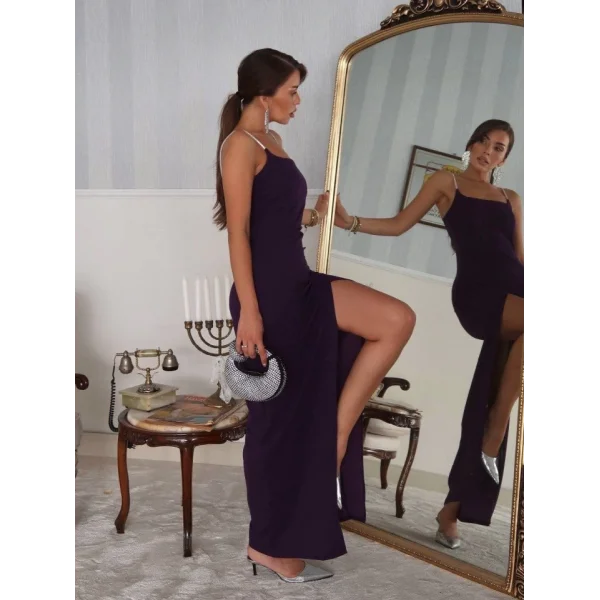 Kadın Omuz Askılı Derin Yırtmaç Detay Maxi Boy Elbise