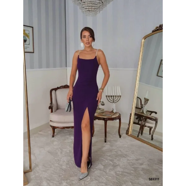 Kadın Omuz Askılı Derin Yırtmaç Detay Maxi Boy Elbise