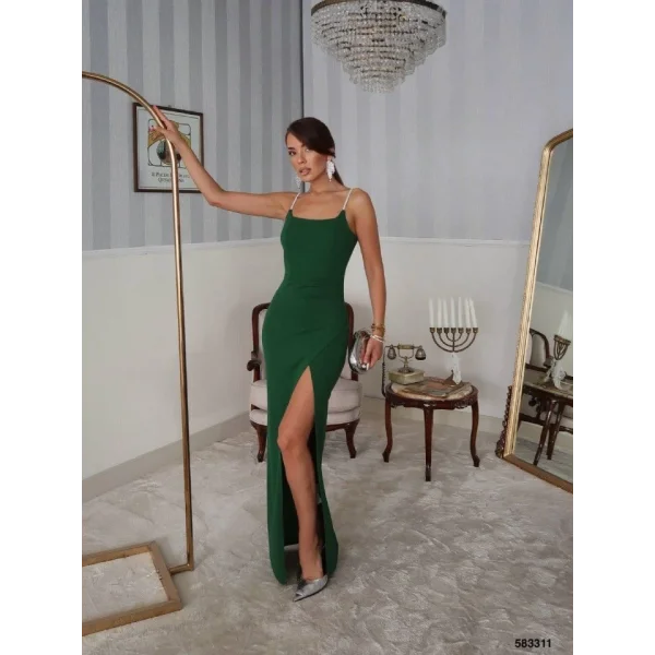 Kadın Omuz Askılı Derin Yırtmaç Detay Maxi Boy Elbise