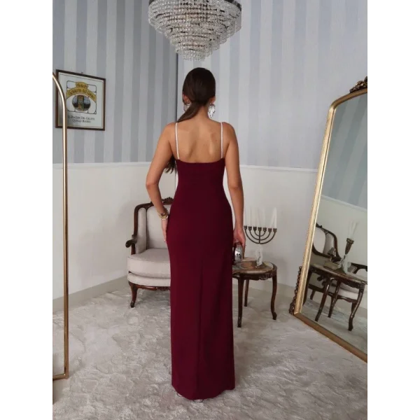 Kadın Omuz Askılı Derin Yırtmaç Detay Maxi Boy Elbise