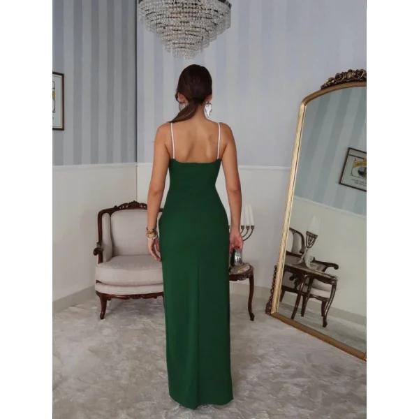 Kadın Omuz Askılı Derin Yırtmaç Detay Maxi Boy Elbise