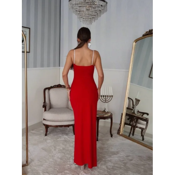 Kadın Omuz Askılı Derin Yırtmaç Detay Maxi Boy Elbise