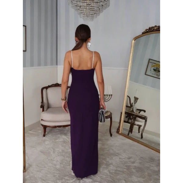 Kadın Omuz Askılı Derin Yırtmaç Detay Maxi Boy Elbise