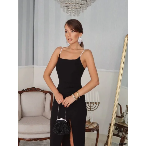 Kadın Omuz Askılı Derin Yırtmaç Detay Maxi Boy Elbise