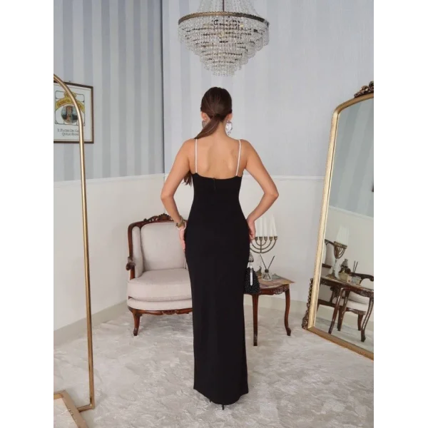 Kadın Omuz Askılı Derin Yırtmaç Detay Maxi Boy Elbise