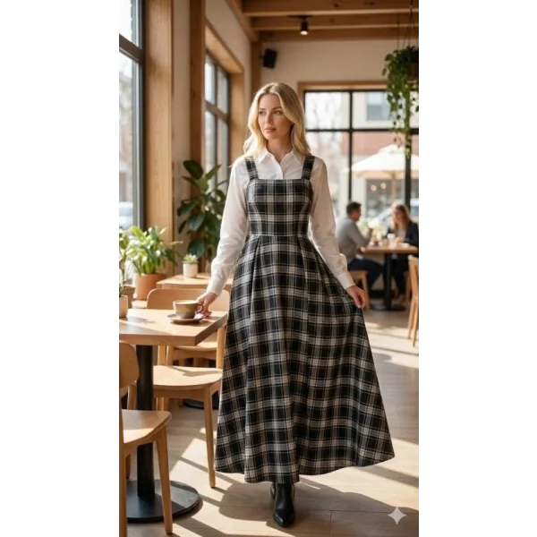 Kadın Omuz Askılı Full Ekose Detay Elbise