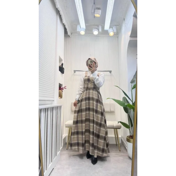 Kadın Omuz Askılı Full Ekose Detay Elbise