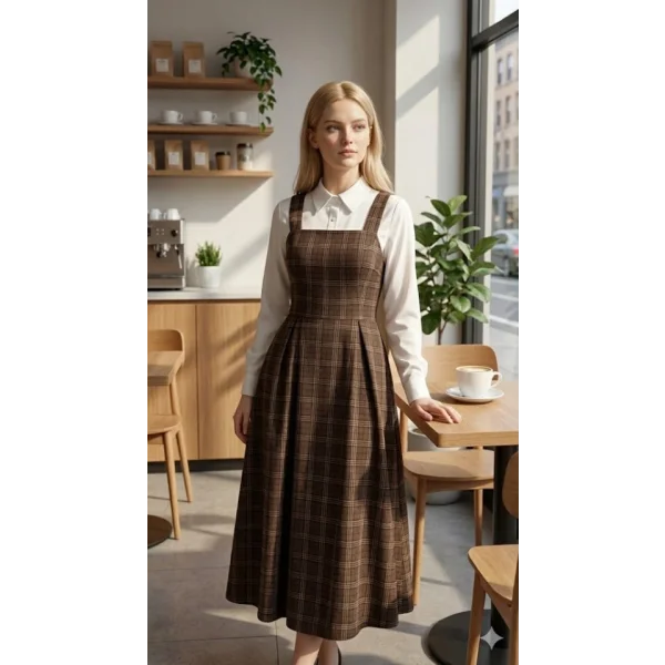 Kadın Omuz Askılı Full Ekose Detay Elbise