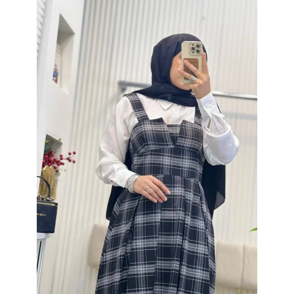 Kadın Omuz Askılı Full Ekose Detay Elbise