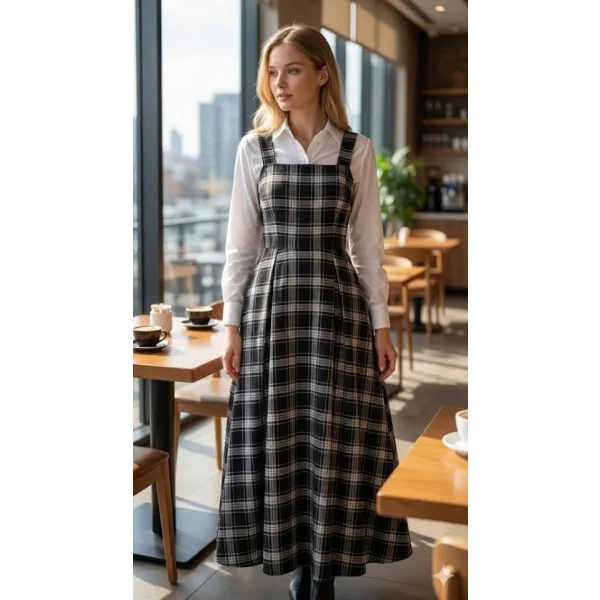 Kadın Omuz Askılı Full Ekose Detay Elbise