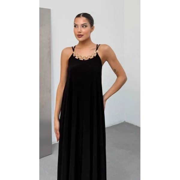 Kadın Omuz Askılı Kuş Gözü Zincir Detay Sandy Kumaş Maxi Boy Elbise