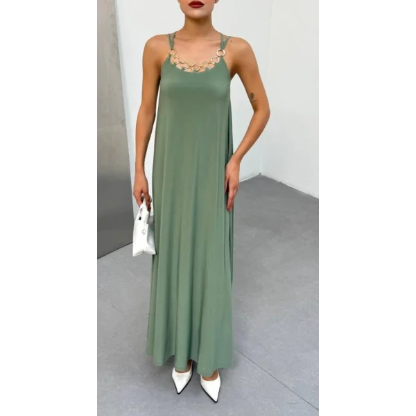 Kadın Omuz Askılı Kuş Gözü Zincir Detay Sandy Kumaş Maxi Boy Elbise