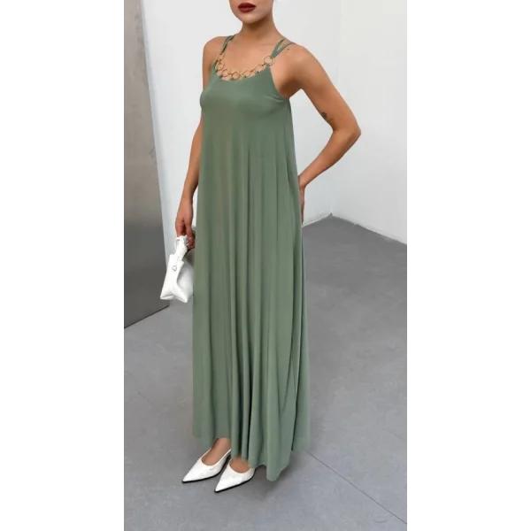 Kadın Omuz Askılı Kuş Gözü Zincir Detay Sandy Kumaş Maxi Boy Elbise