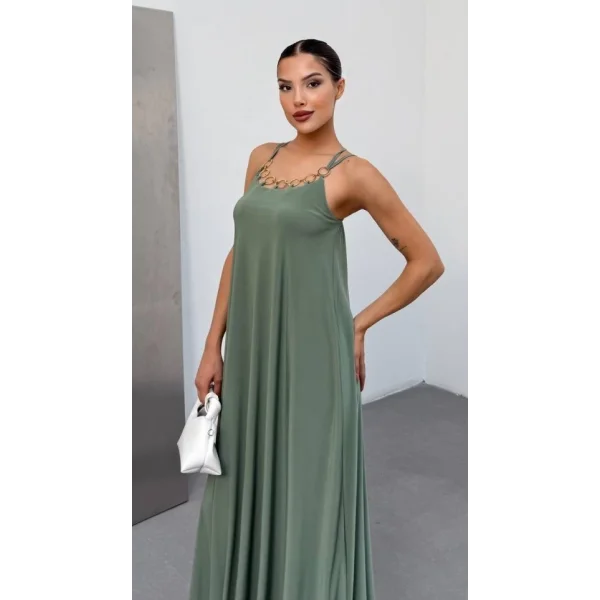 Kadın Omuz Askılı Kuş Gözü Zincir Detay Sandy Kumaş Maxi Boy Elbise