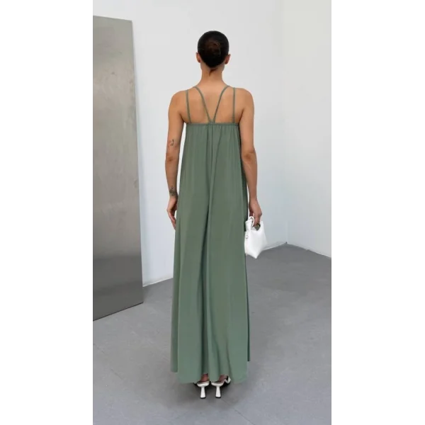 Kadın Omuz Askılı Kuş Gözü Zincir Detay Sandy Kumaş Maxi Boy Elbise