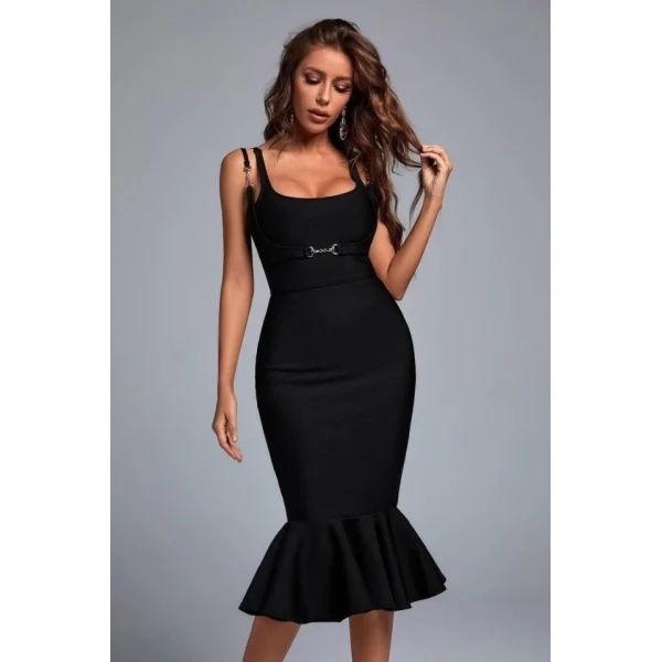 Kadın Omuz Askılı Sırt Dekolteli Interlok Kumaş Midi Kalem Elbise