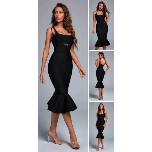 Kadın Omuz Askılı Sırt Dekolteli Interlok Kumaş Midi Kalem Elbise