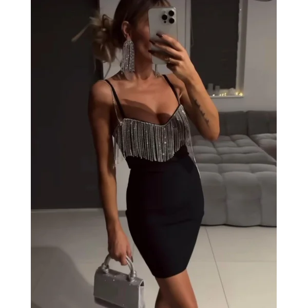 Kadın Omuz Askılı Taş Detay Mini Elbise