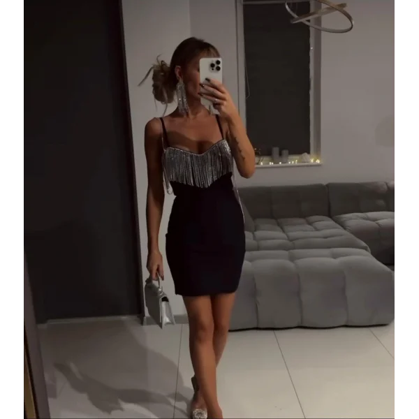 Kadın Omuz Askılı Taş Detay Mini Elbise