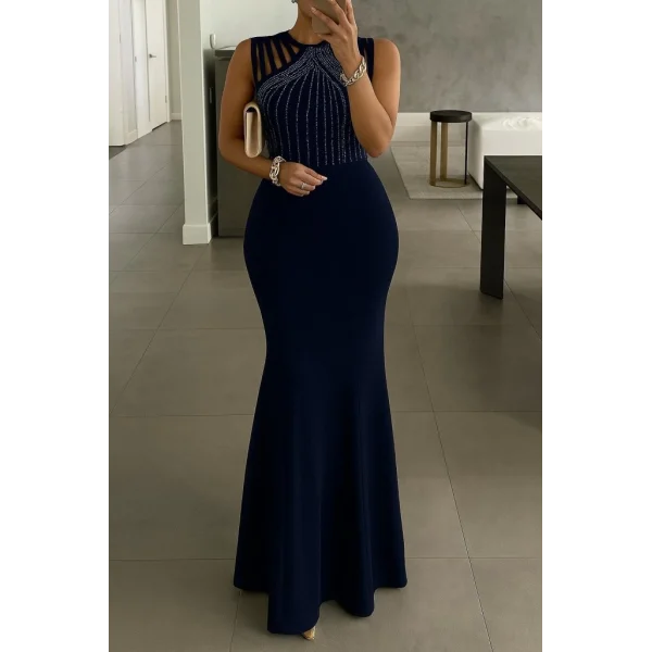 Kadın Omuz çoklu Askılı önü Taş Işlemeli Balık Kesim Janjan Krep Maxi Boy Elbise