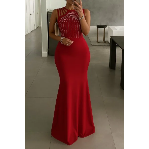 Kadın Omuz çoklu Askılı önü Taş Işlemeli Balık Kesim Janjan Krep Maxi Boy Elbise