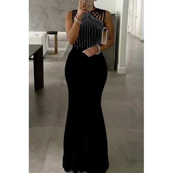 Kadın Omuz çoklu Askılı önü Taş Işlemeli Balık Kesim Janjan Krep Maxi Boy Elbise