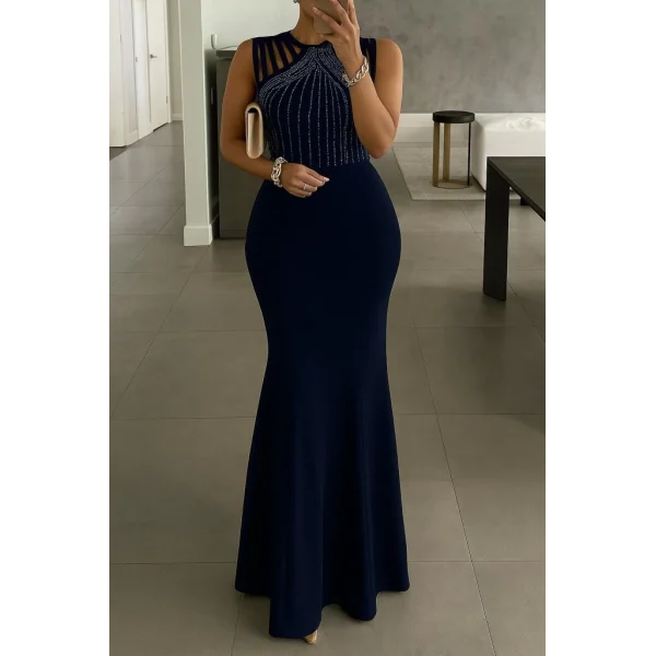 Kadın Omuz çoklu Askılı önü Taş Işlemeli Balık Kesim Janjan Krep Maxi Boy Elbise