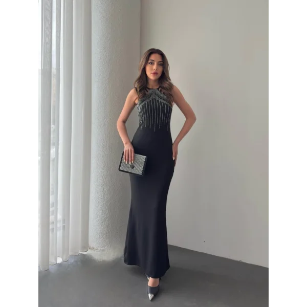 Kadın Omuz çoklu Askılı önü Taş Işlemeli Balık Kesim Janjan Krep Maxi Boy Elbise